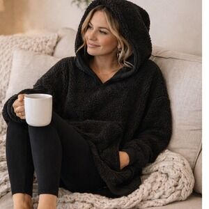 PINK Victoria's Secret Black Teddy Fleece V Neck Hoodie Pullover Women's Large